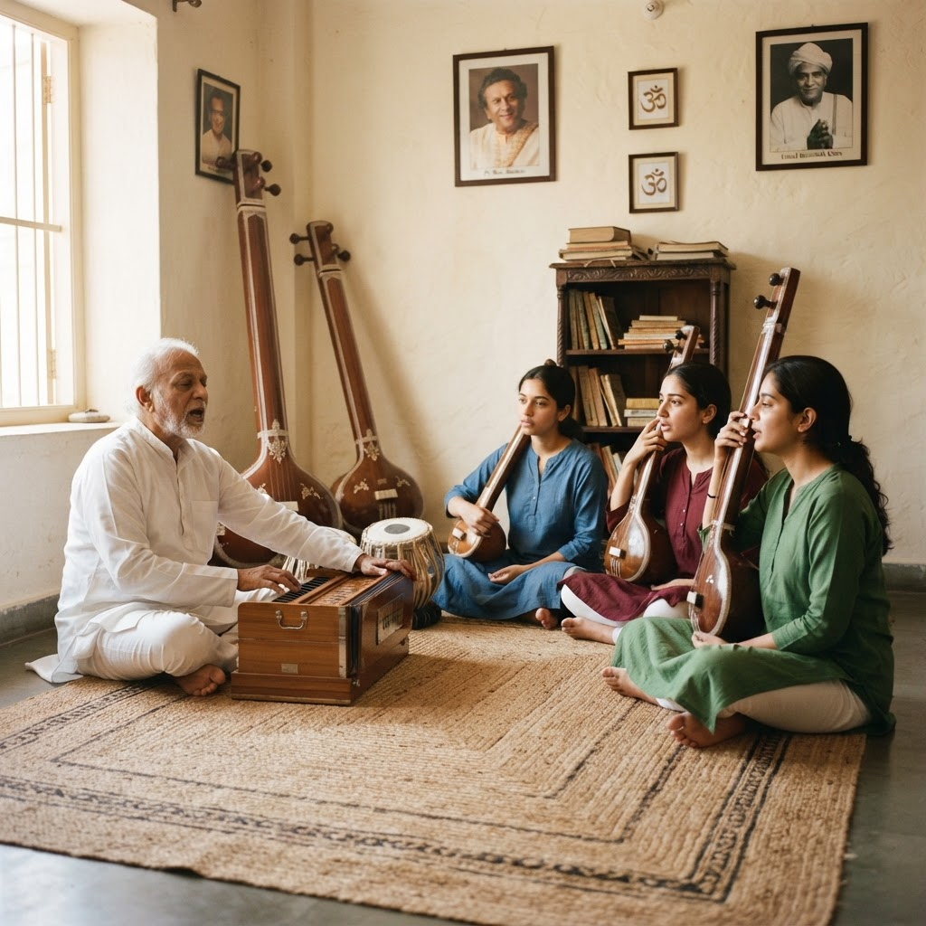 A small Hindustani classical vocal class with students seated around tanpuras