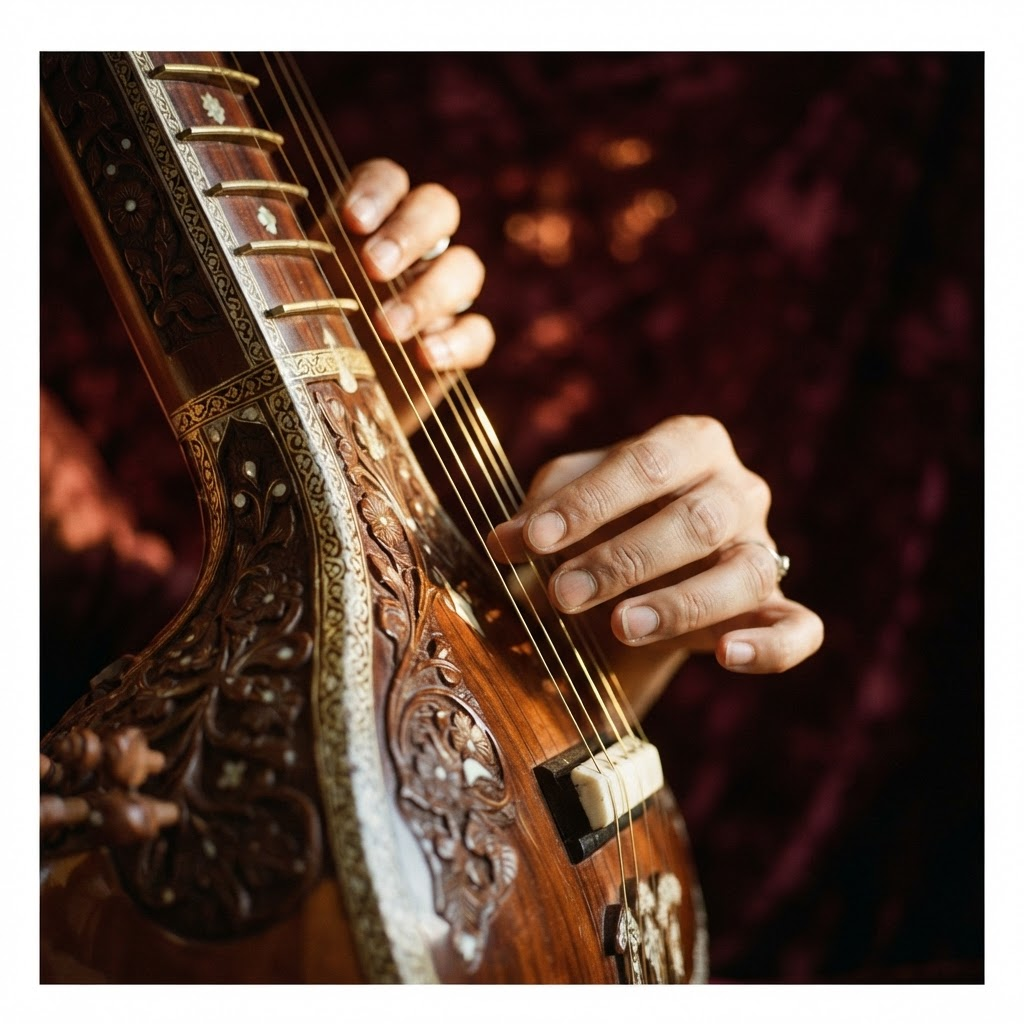 Close-up of hands playing the brass strings of a tanpura
